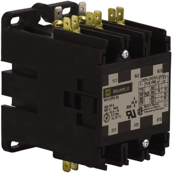 Square D - 3 Pole, 50 Amp Inductive Load, 277 Coil VAC at 60 Hz, Definite Purpose Contactor - Phase 1 and Phase 3 Hp:  10 at 230 VAC, 15 at 230 VAC, 3 at 115 VAC, 30 at 460 VAC, 30 at 575 VAC, 65 Amp Resistive Rating, CE, CSA, UL Listed - All Tool & Supply