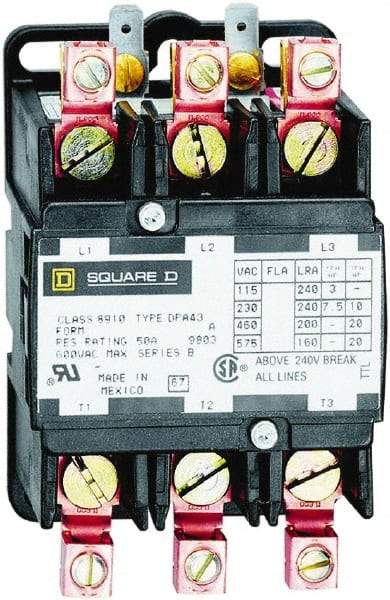 Square D - 3 Pole, 40 Amp Inductive Load, 277 Coil VAC at 60 Hz, Definite Purpose Contactor - Phase 1 and Phase 3 Hp:  10 at 230 VAC, 20 at 460 VAC, 25 at 575 VAC, 3 at 115 VAC, 7.5 at 230 VAC, 50 Amp Resistive Rating, CE, CSA, UL Listed - All Tool & Supply