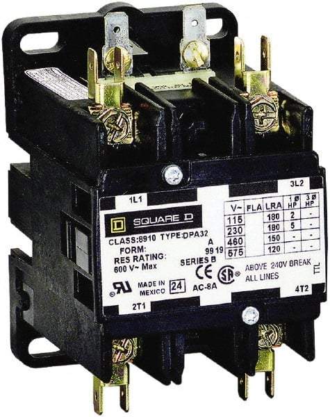 Square D - 2 Pole, 90 Amp Inductive Load, 208 to 240 Coil VAC at 60 Hz and 220 Coil VAC at 50 Hz, Definite Purpose Contactor - Phase 1 Hp:  20 at 230 VAC, 7.5 at 115 VAC, 120 Amp Resistive Rating, CE, CSA, UL Listed - All Tool & Supply