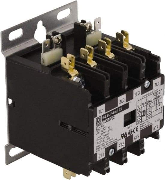 Square D - 4 Pole, 30 Amp Inductive Load, 277 Coil VAC at 60 Hz, Definite Purpose Contactor - Phase 1 and Phase 3 Hp:  10 at 230 VAC, 15 at 460 VAC, 2 at 115 VAC, 20 at 575 VAC, 5 at 230 VAC, 40 Amp Resistive Rating, CE, CSA, UL Listed - All Tool & Supply