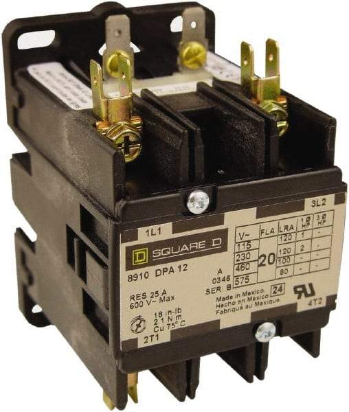 Square D - 2 Pole, 25 Amp Inductive Load, 208 to 240 Coil VAC at 60 Hz and 220 Coil VAC at 50 Hz, Definite Purpose Contactor - Phase 1 Hp:  2 at 115 VAC, 5 at 230 VAC, 35 Amp Resistive Rating, CE, CSA, UL Listed - All Tool & Supply