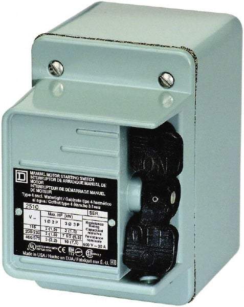 Square D - 2 Poles, 30 Amp, NEMA, Enclosed Toggle Manual Motor Starter - 1 hp at 90 VDC, 1-1/2 hp at 230 VDC, 2 hp at 115 VAC, 2 hp at 115 VDC, 2 hp at 230 VAC, 3 hp at 460 VAC & 3 hp at 575 VAC, CE, CSA, NEMA 4 & UL Listed - All Tool & Supply