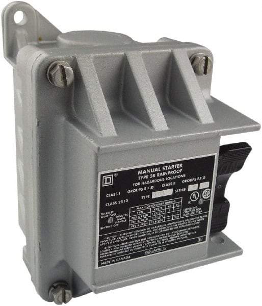 Square D - 2 Poles, 16 Amp, NEMA, Enclosed Toggle Manual Motor Starter - 1 hp at 115 VAC, 1 hp at 230 VAC, 1 hp at 277 VAC, 3/4 hp at 115 VDC & 3/4 hp at 230 VDC, CE, CSA, NEMA 3R/7/9 & UL Listed - All Tool & Supply