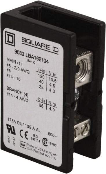 Square D - 1 Pole, 270 (Aluminium), 335 (Copper) Amp, Phenolic Power Distribution Block - 600 VAC, 1 Primary Connection - All Tool & Supply