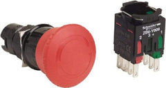 Schneider Electric - 16mm Mount Hole, Extended Mushroom Head, Pushbutton Switch with Contact Block - Round, Red Pushbutton, Maintained (MA), Momentary (MO) - All Tool & Supply