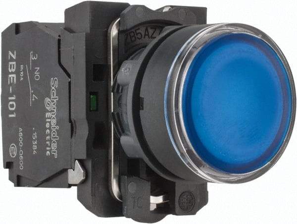 Schneider Electric - 22mm Mount Hole, Flush, Pushbutton Switch with Contact Block - Round, Blue Pushbutton, Illuminated, Momentary (MO) - All Tool & Supply