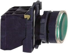 Schneider Electric - 22mm Mount Hole, Flush, Pushbutton Switch with Contact Block - Round, Green Pushbutton, Illuminated, Momentary (MO) - All Tool & Supply