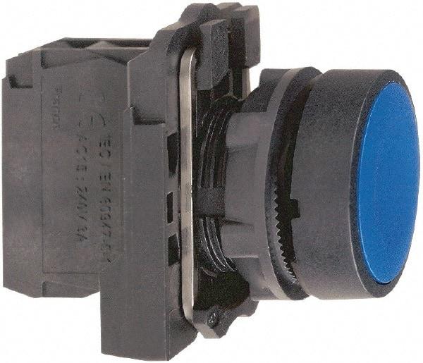 Schneider Electric - 22mm Mount Hole, Flush, Pushbutton Switch with Contact Block - Round, Blue Pushbutton, Momentary (MO) - All Tool & Supply