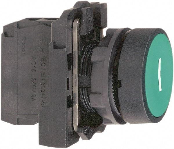 Schneider Electric - 22mm Mount Hole, Flush, Pushbutton Switch with Contact Block - Round, Green Pushbutton, Momentary (MO) - All Tool & Supply