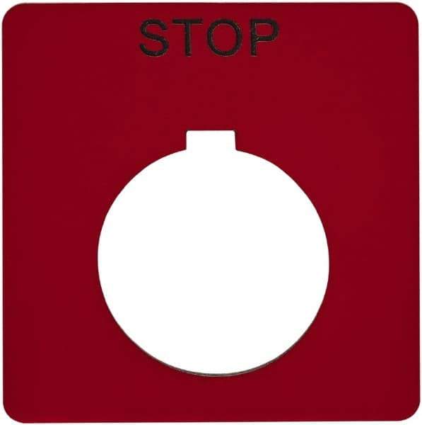 Schneider Electric - Square, Plastic Legend Plate - Stop - Red Background, Black Letters, 1.2 Inch Hole Diameter, 2-1/4 Inch Square - All Tool & Supply