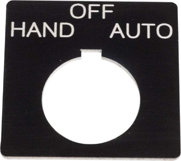 Schneider Electric - Square, Plastic Legend Plate - Hand-Off-Auto - Black Background, White Letters, 1.2 Inch Hole Diameter, 2-1/4 Inch Square - All Tool & Supply