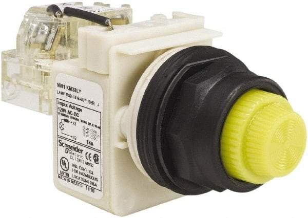 Schneider Electric - 120 V Yellow Lens LED Press-to-Test Indicating Light - Round Lens, Screw Clamp Connector, Corrosion Resistant, Dust Resistant, Oil Resistant - All Tool & Supply