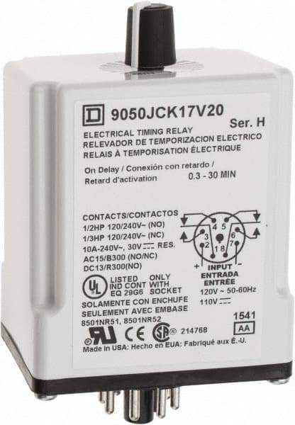 Square D - 0.3 to 30 min Delay, DPDT Time Delay Relay - 10 Contact Amp, 110 VDC & 120 VAC - All Tool & Supply