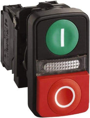 Schneider Electric - 22mm Mount Hole, Extended Straight, Flush, Pushbutton Switch Only - Rectangle, Green and Red Pushbutton, Illuminated, Momentary (MO), On-Off, Shock and Vibration Resistant - All Tool & Supply