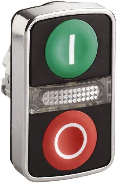 Schneider Electric - 22mm Mount Hole, Extended Straight, Flush, Pushbutton Switch Only - Rectangle, Green and Red Pushbutton, Illuminated, Momentary (MO), On-Off, Shock and Vibration Resistant - All Tool & Supply