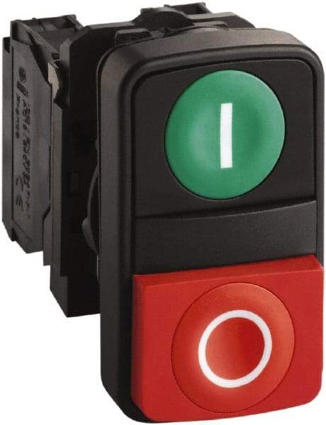 Schneider Electric - 22mm Mount Hole, Extended Straight, Flush, Pushbutton Switch Only - Rectangle, Green and Red Pushbutton, Nonilluminated, Momentary (MO), Shock and Vibration Resistant - All Tool & Supply