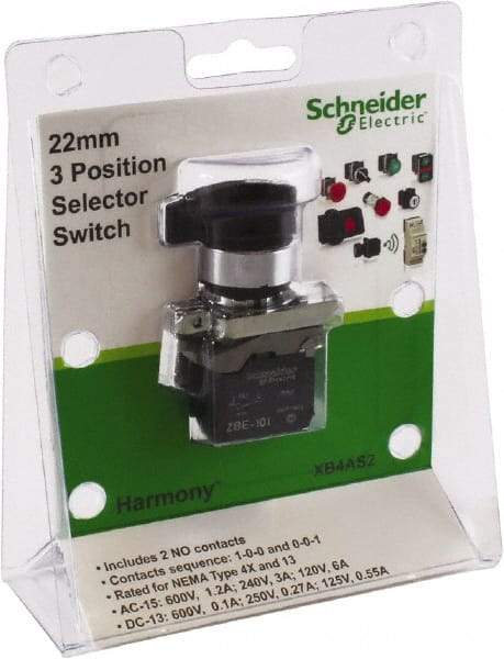 Schneider Electric - 22mm Mount Hole, 3 Position, Lever Operated, Selector Switch with Contact Blocks - Black, Maintained (MA), Nonilluminated, 1 Contact Block, 2NO - All Tool & Supply