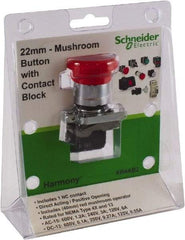 Schneider Electric - 22mm Mount Hole, Extended Mushroom Head, Pushbutton Switch with Contact Block - Round, Red Pushbutton, Nonilluminated - All Tool & Supply