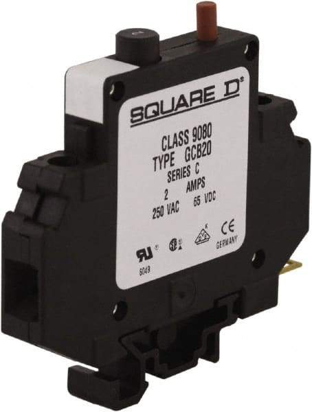 Square D - 2 Amp, 250 VAC, 65 VDC, 1 Pole, DIN Rail Mount Circuit Protector - Thermal Magnetic Trip, 16-10 AWG, 64mm Deep x 80mm High x - All Tool & Supply