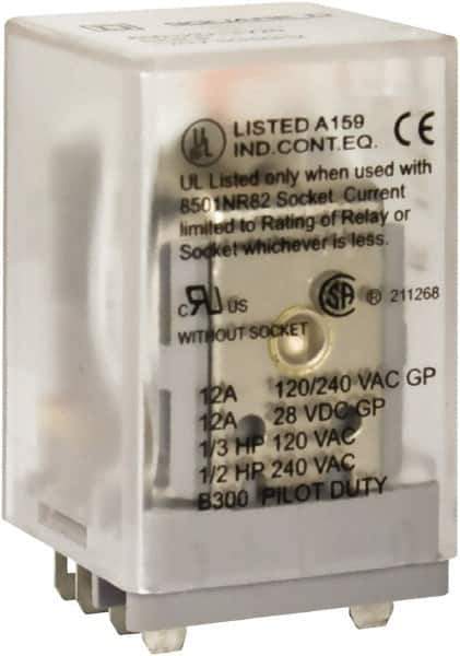 Square D - 8 Pins, 1 hp at 277 Volt & 1/3 hp at 120 Volt, 3 VA Power Rating, Square Electromechanical Plug-in General Purpose Relay - 10 Amp at 250 VAC, DPDT, 120 VAC at 50/60 Hz, 34.9mm Wide x 50mm High x 35.4mm Deep - All Tool & Supply