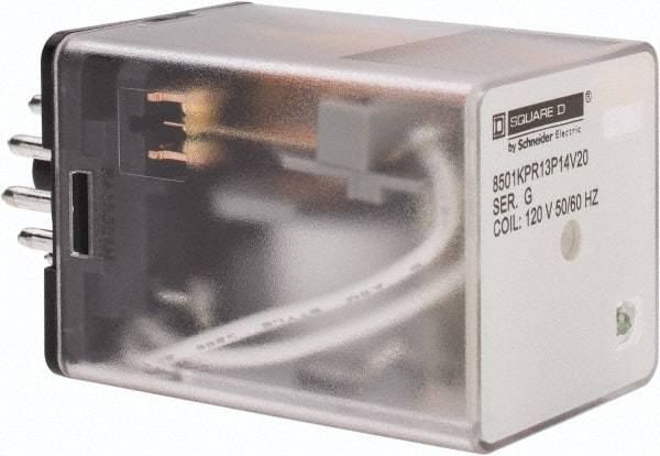 Square D - 11 Pins, 1 hp at 277 Volt & 1/3 hp at 120 Volt, 3 VA Power Rating, Octal Electromechanical Plug-in General Purpose Relay - 10 Amp at 250 VAC, 3PDT, 120 VAC at 50/60 Hz, 34.9mm Wide x 50.3mm High x 35.4mm Deep - All Tool & Supply