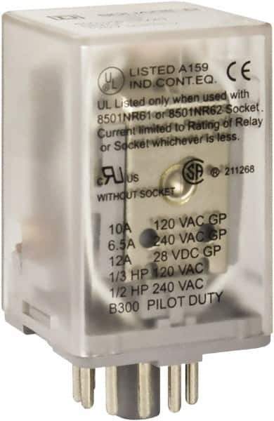 Square D - 8 Pins, 1 hp at 277 Volt & 1/3 hp at 120 Volt, 3 VA Power Rating, Octal Electromechanical Plug-in General Purpose Relay - 10 Amp at 250 VAC, DPDT, 48 VDC, 34.9mm Wide x 50.3mm High x 35.4mm Deep - All Tool & Supply