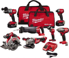 Milwaukee Tool - 18 Volt Cordless Tool Combination Kit - Includes Hammer Drill, Impact Driver, Reciprocating Saw, Circular Saw, Grinder, Work Light & 1/2" Impact Wrench, Lithium-Ion Battery Included - All Tool & Supply