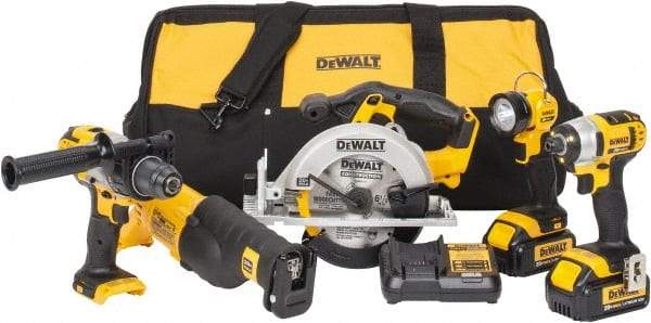 DeWALT - 5 Piece 20 Volt Cordless Tool Combination Kit - Includes 1/2" Hammerdrill, 1/4" Impact Driver, Reciprocating Saw, 6-1/2" Circular Saw & LED Worklight, Lithium-Ion Battery Included - All Tool & Supply