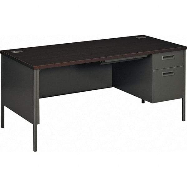 Hon - Plastic Laminated Top Single Pedestal with Right Hand Return Desk with Center Drawer - 66" Wide x 30" Deep x 29-1/2" High, Mahogany/Charcoal - All Tool & Supply