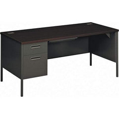 Hon - Plastic Laminated Top Single Pedestal Desk with Center Drawer - 66" Wide x 30" Deep x 29-1/2" High, Mahogany/Charcoal - All Tool & Supply