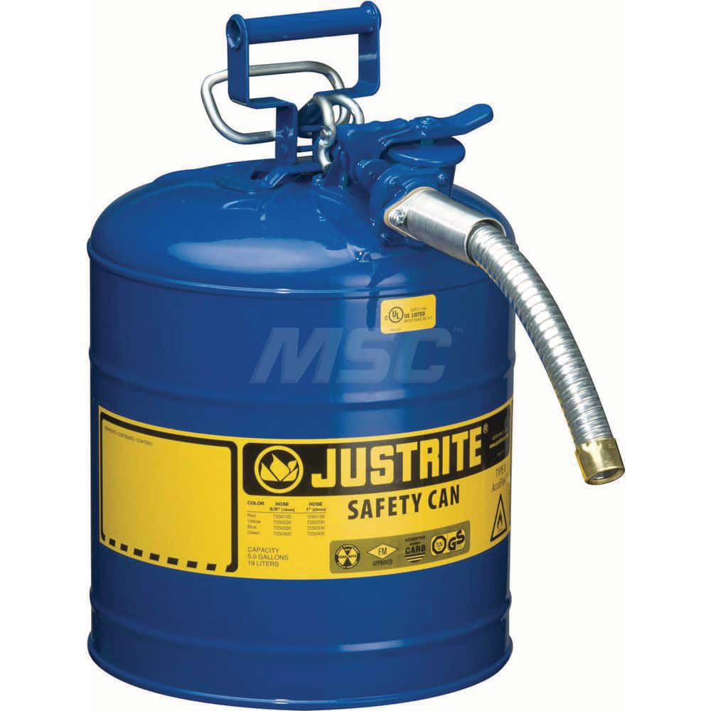 Justrite - Safety Dispensing Cans; Capacity: 5 Gal. ; Material: Steel ; Color: Blue ; Height (Decimal Inch): 17.500000 ; Diameter/Length (mm): 11.75 ; Approval Listing/Regulations: FM Approved; UL; ULC; TUV - Exact Industrial Supply