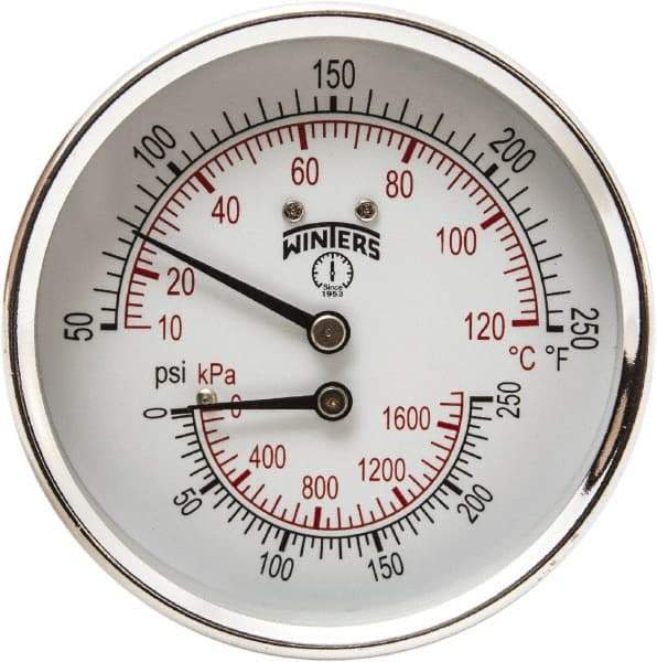 Winters - 3" Dial, 1/2 Thread, 0-250 Scale Range, Pressure Gauge - Center Back Connection Mount, Accurate to 0.03% of Scale - All Tool & Supply