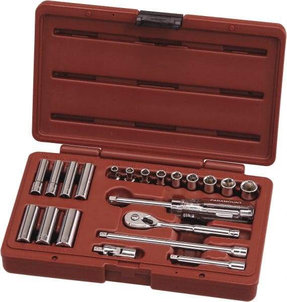 Paramount - 21 Piece 1/4" Drive Chrome Vanadium Finish Deep Well Socket Set - 6 Points, 3/16" to 1/2" Range, Inch Measurement Standard - All Tool & Supply