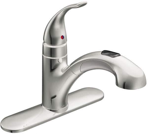 Moen - 3 Hole Mount, Low Arc Commercial Faucet - One Handle, Pull Lever Handle, Pullout Spout, No Drain - All Tool & Supply