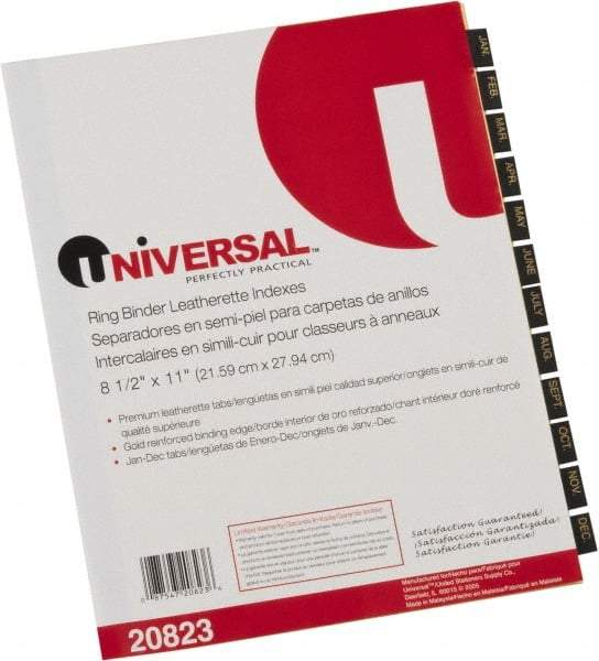 UNIVERSAL - 8-1/2 x 11" Jan to Dec Label, 12 Tabs, Single Side Gold Mylar Reinforced Binding Edge, Simulated Leather Prepinted Tab Dividers, Gold Print - Black/Gold Tabs, Buff Folder - All Tool & Supply