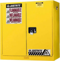 Justrite - 2 Door, 3 Shelf, Yellow Steel Wall Mount Safety Cabinet for Flammable and Combustible Liquids - 44" High x 43" Wide x 12" Deep, Manual Closing Door, 20 Gal Capacity - All Tool & Supply