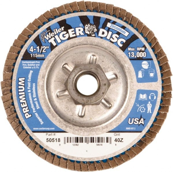 Weiler - 4-1/2" 40 Grit 5/8-11 Center Hole Type 29 Zirconia Alumina Flap Disc - All Tool & Supply