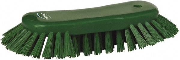 Vikan - 1.3" Bristle Length, Polyester Utility Scrub Brush - 7-3/4" Long x 3" Wide Head, 8" OAL, European Threaded Handle, Green, Polypropylene Block - All Tool & Supply