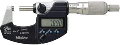 Mitutoyo - 0.0001 Inch Resolution, Standard Throat, Electronic Outside Micrometer - Includes Stand - All Tool & Supply