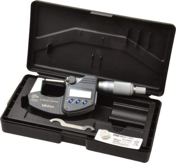 Mitutoyo - 0 to 25 mm Range, 0.001 mm Resolution, Standard Throat, IP65 Electronic Outside Micrometer - 0.001 Inch Accuracy, Ratchet Stop Thimble, Carbide Face, SR44 Battery, Data Output, Plastic Case, Includes NIST Traceable Certification of Inspection - All Tool & Supply