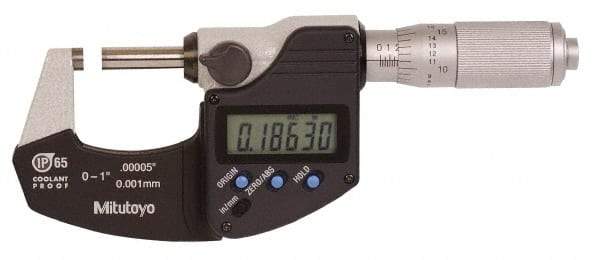 Mitutoyo - 0.0001 Inch Resolution, Standard Throat, Electronic Outside Micrometer - Includes Stand - All Tool & Supply