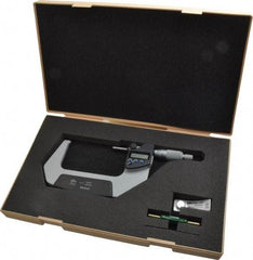 Mitutoyo - 3 to 4 Inch Range, 0.0001 Inch Resolution, Standard Throat, IP65 Electronic Outside Micrometer - 0.0001 Inch Accuracy, Ratchet Stop Thimble, Carbide Face, SR44 Battery, Data Output, Plastic Case - All Tool & Supply