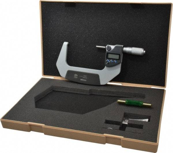 Mitutoyo - 3 to 4 Inch Range, 0.0001 Inch Resolution, Standard Throat, IP65 Electronic Outside Micrometer - 0.0001 Inch Accuracy, Ratchet Friction Thimble, Carbide Face, SR44 Battery, Plastic Case - All Tool & Supply