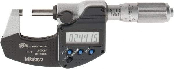 Mitutoyo - 0 to 1 Inch Range, 0.0001 Inch Resolution, Standard Throat, IP65, Electronic Outside Micrometer - 0.0001 Inch Accuracy, Friction Thimble, Carbide Face, SR44 Battery, Plastic Case, Includes NIST Traceable Certification of Inspection - All Tool & Supply