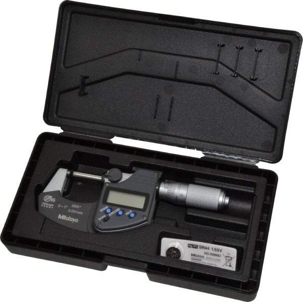 Mitutoyo - 0 to 1 Inch Range, 0.0001 Inch Resolution, Standard Throat, IP65 Electronic Outside Micrometer - 0.0001 Inch Accuracy, Ratchet Friction Thimble, Carbide Face, SR44 Battery, Plastic Case - All Tool & Supply