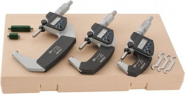 Mitutoyo - 0 to 3" Range, 0.001mm Resolution, IP65, 3 Piece Electronic Outside Micrometer Sets - 0.001mm Accuracy, Ratchet Stop Thimble, Carbide Measuring Face - All Tool & Supply