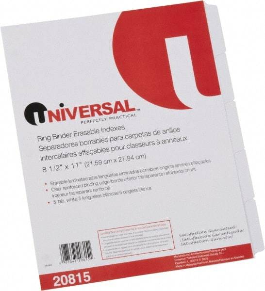 UNIVERSAL - 8-1/2 x 11" 5 Tabs, Clear Reinforced Binder Holes, Write on Erasable Tab Indexes - White - All Tool & Supply