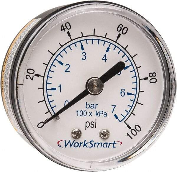 Value Collection - 2" Dial, 1/4 Thread, 0-100 Scale Range, Pressure Gauge - Center Back Connection Mount, Accurate to 3-2-3% of Scale - All Tool & Supply