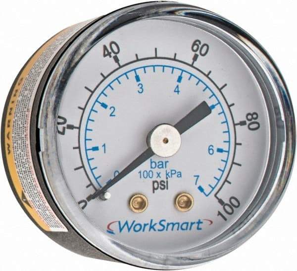 Value Collection - 1-1/2" Dial, 1/8 Thread, 0-100 Scale Range, Pressure Gauge - Center Back Connection Mount, Accurate to 3-2-3% of Scale - All Tool & Supply