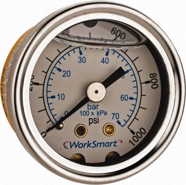 Value Collection - 1-1/2" Dial, 1/8 Thread, 0-1,000 Scale Range, Pressure Gauge - Center Back Connection Mount, Accurate to 3-2-3% of Scale - All Tool & Supply